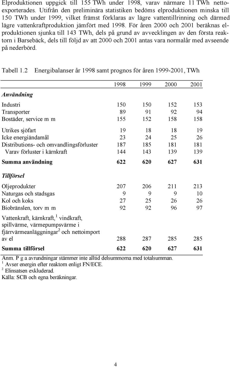 För åren 2000 och 2001 beräknas elproduktionen sjunka till 143 TWh, dels på grund av avvecklingen av den första reaktorn i Barsebäck, dels till följd av att 2000 och 2001 antas vara normalår med