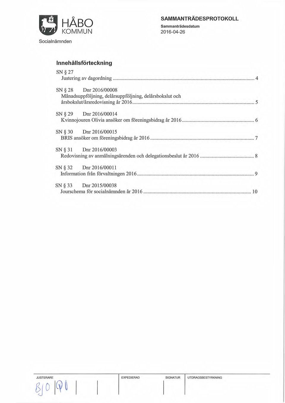 .. 5 SN 29 Dnr 2016/00014 Kvinnojouren Olivia ansöker om foreningsbidrag år 2016... 6 SN 30 Dnr 2016/00015 BRIS ansöker om foreningsbidrag år 2016.