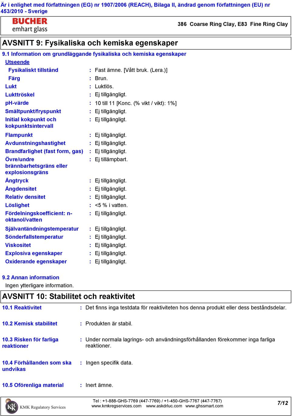 Avdunstningshastighet Brandfarlighet (fast form, gas) Övre/undre brännbarhetsgräns eller explosionsgräns Ångtryck Ångdensitet Relativ densitet Löslighet Fördelningskoefficient n oktanol/vatten