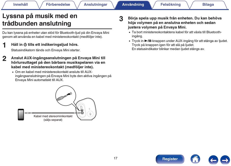 Anslut AUX-ingångsanslutningen på Envaya Mini till hörlursuttaget på den bärbara musikspelaren via en kabel med ministereokontakt (medföljer inte).