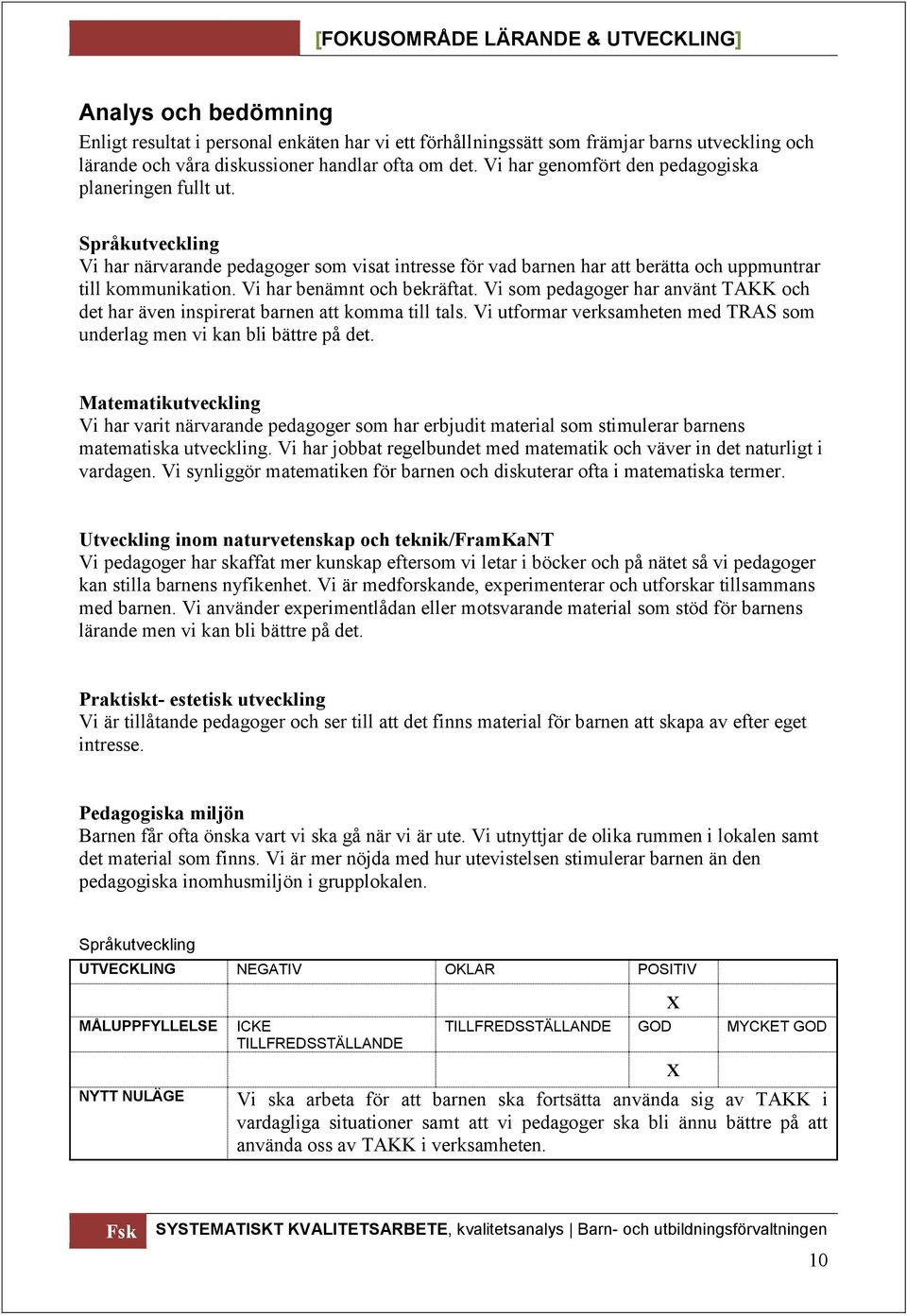 Vi har benämnt och bekräftat. Vi som pedagoger har använt TAKK och det har även inspirerat barnen att komma till tals. Vi utformar verksamheten med TRAS som underlag men vi kan bli bättre på det.