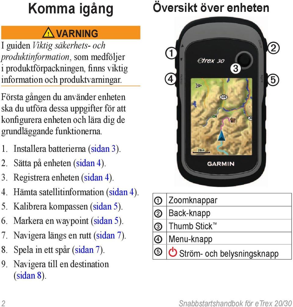 Sätta på enheten (sidan 4). 3. Registrera enheten (sidan 4). 4. Hämta satellitinformation (sidan 4). 5. Kalibrera kompassen (sidan 5). 6. Markera en waypoint (sidan 5). 7.