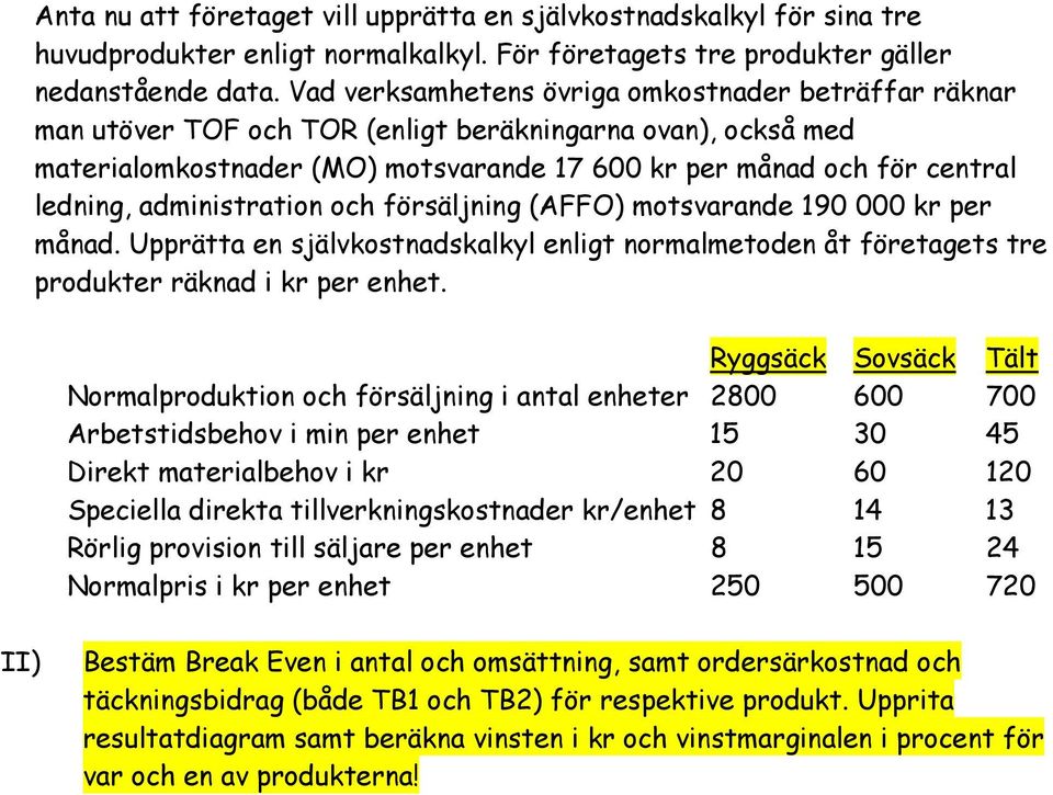 administration och försäljning (AFFO) motsvarande 190 000 kr per månad. Upprätta en självkostnadskalkyl enligt normalmetoden åt företagets tre produkter räknad i kr per enhet.