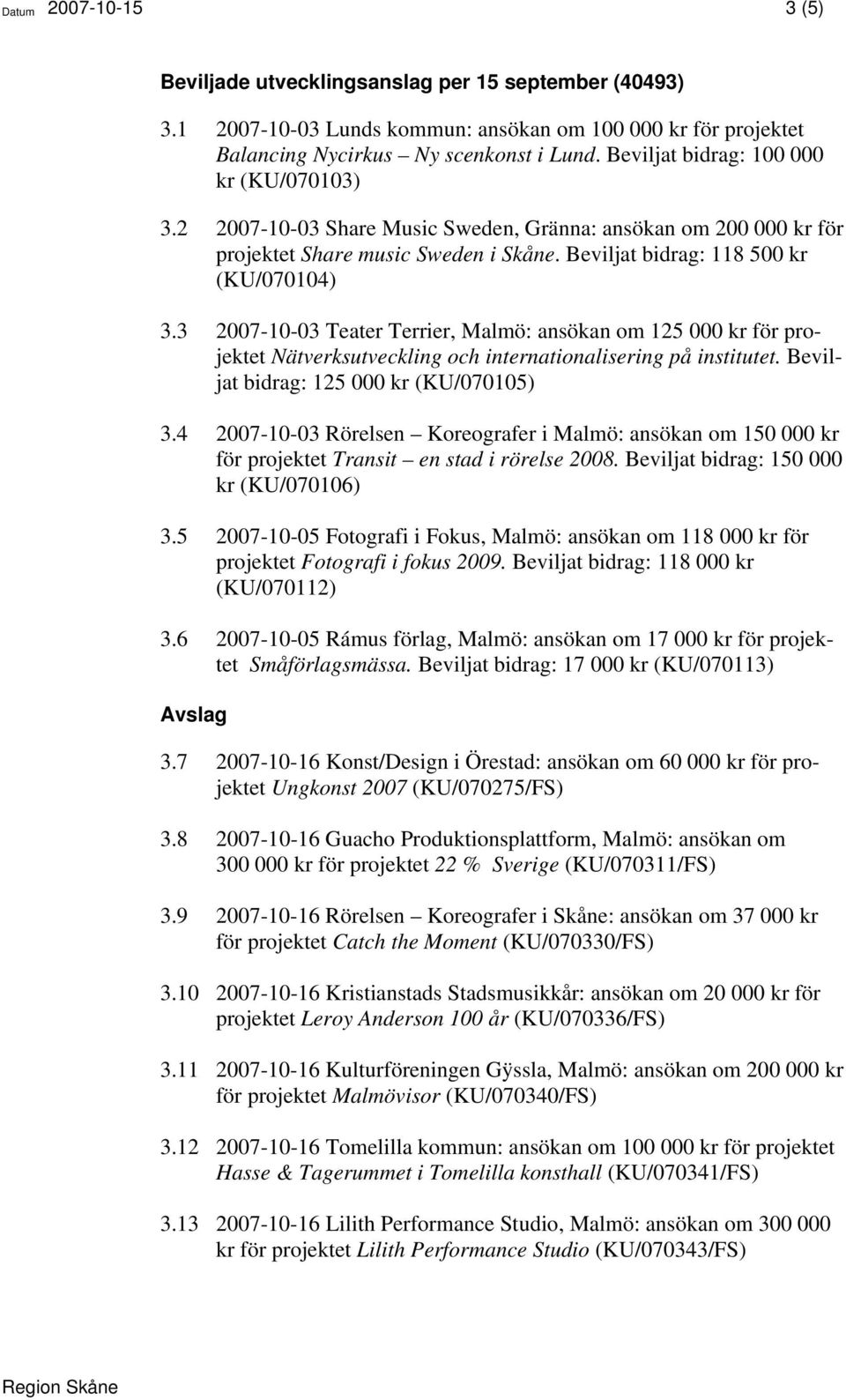 3 2007-10-03 Teater Terrier, Malmö: ansökan om 125 000 kr för projektet Nätverksutveckling och internationalisering på institutet. Beviljat bidrag: 125 000 kr (KU/070105) 3.