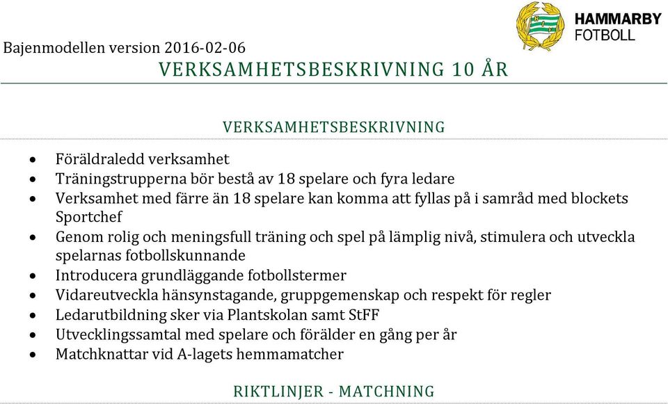 hänsynstagande, gruppgemenskap och respekt för regler Ledarutbildning sker via Plantskolan samt StFF Utvecklingssamtal med spelare och förälder en gång per år Matchknattar vid A-lagets hemmamatcher