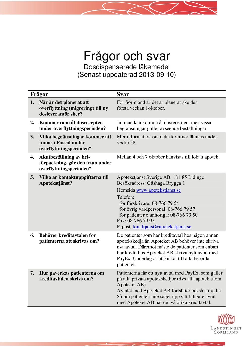 Vilka är kontaktuppgifterna till Apotekstjänst? 6. Behöver kreditavtalen för patienterna att skrivas om? 7. Hur påverkas patienterna om kreditavtalen skrivs om?