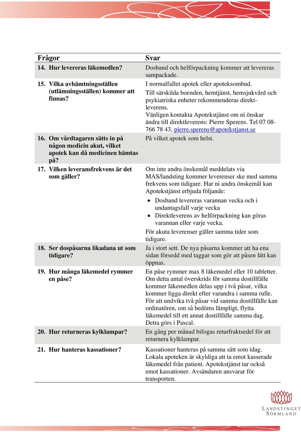 Vänligen kontakta Apotekstjänst om ni önskar ändra till direktleverens: Pierre Sperens. Tel 07 08-766 78 43, pierre.sperens@apotekstjanst.se 16. Om vårdtagaren sätts in på På vilket apotek som helst.