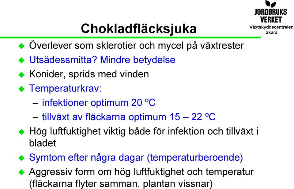 fläckarna optimum 15 22 ºC Hög luftfuktighet viktig både för infektion och tillväxt i bladet Symtom