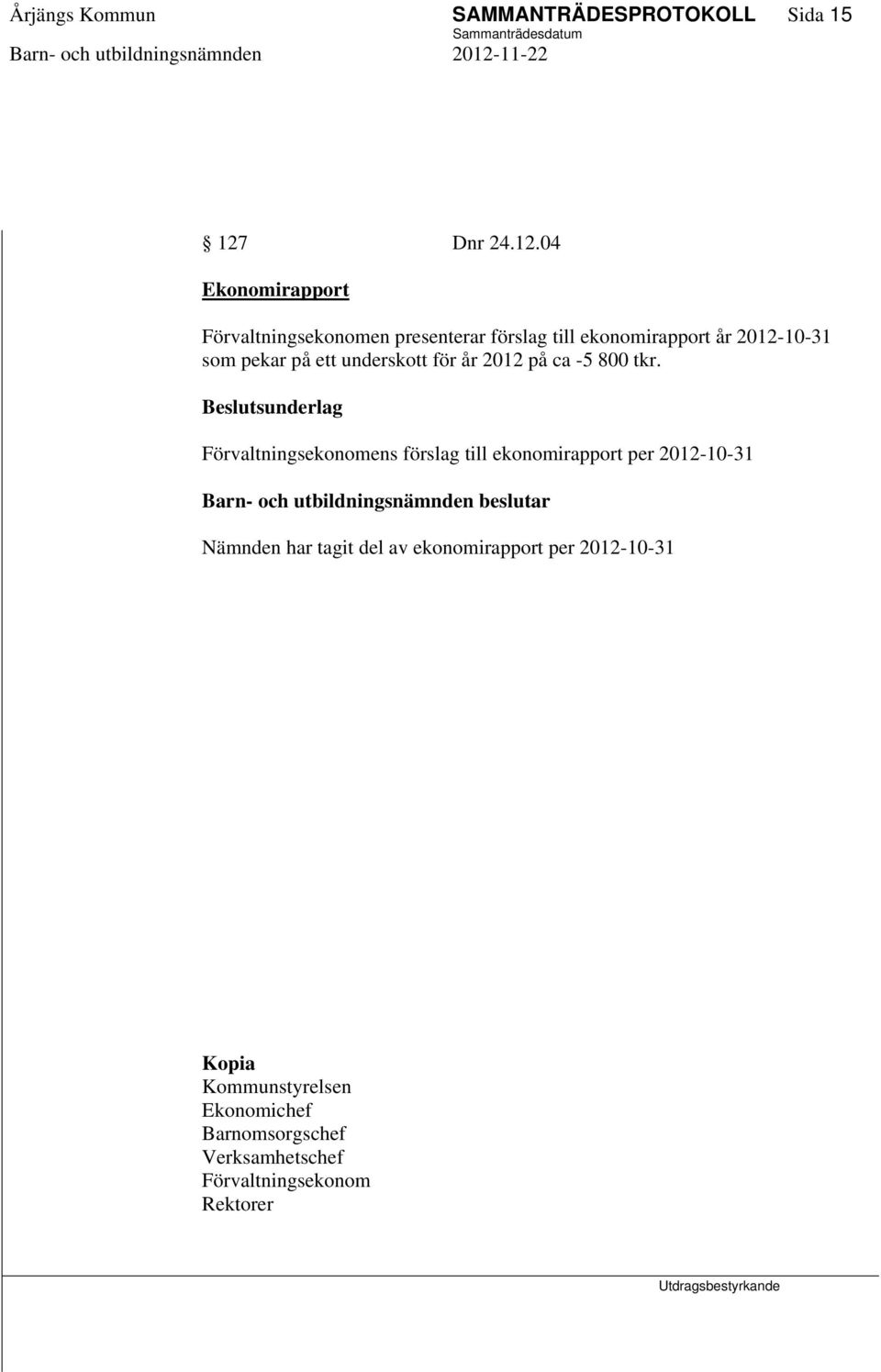 04 Ekonomirapport Förvaltningsekonomen presenterar förslag till ekonomirapport år 2012-10-31 som pekar