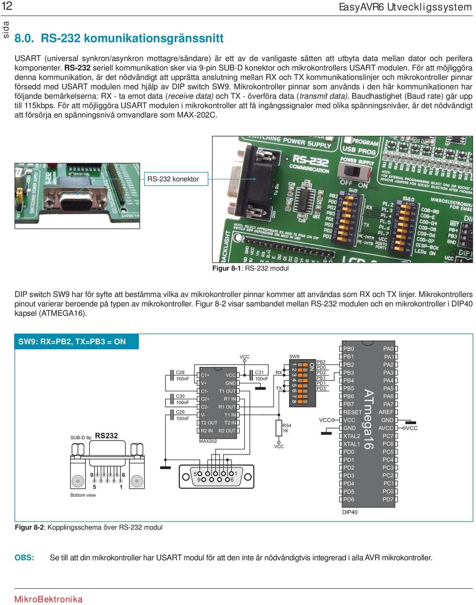 RS-232 seriell kommunikation sker via 9-pin SUB-D konektor och mikrokontrollers USART modulen.