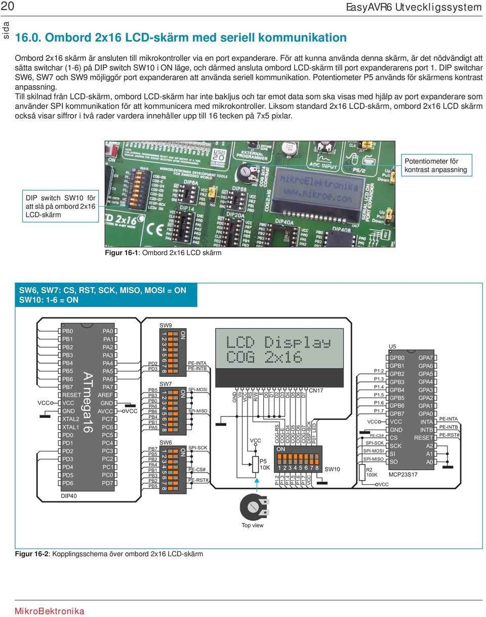 DIP switchar SW6, SW7 och SW9 möjliggör port expanderaren att använda seriell kommunikation. Potentiometer P5 används för skärmens kontrast anpassning.