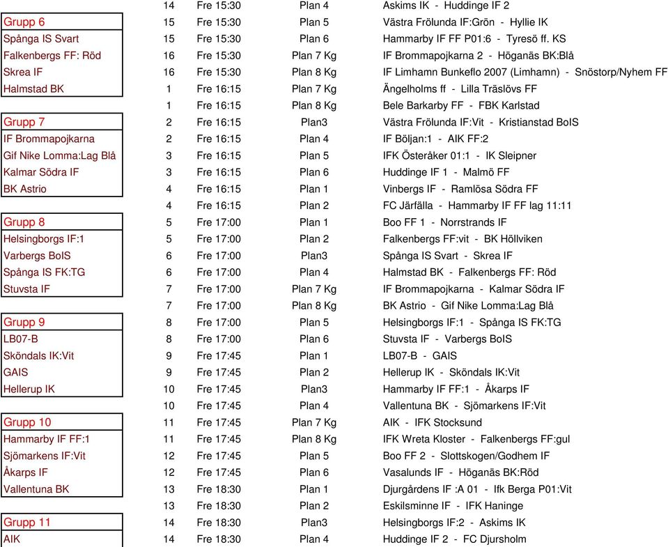 7 Kg Ängelholms ff - Lilla Träslövs FF 1 Fre 16:15 Plan 8 Kg Bele Barkarby FF - FBK Karlstad Grupp 7 2 Fre 16:15 Plan3 Västra Frölunda IF:Vit - Kristianstad BoIS IF Brommapojkarna 2 Fre 16:15 Plan 4