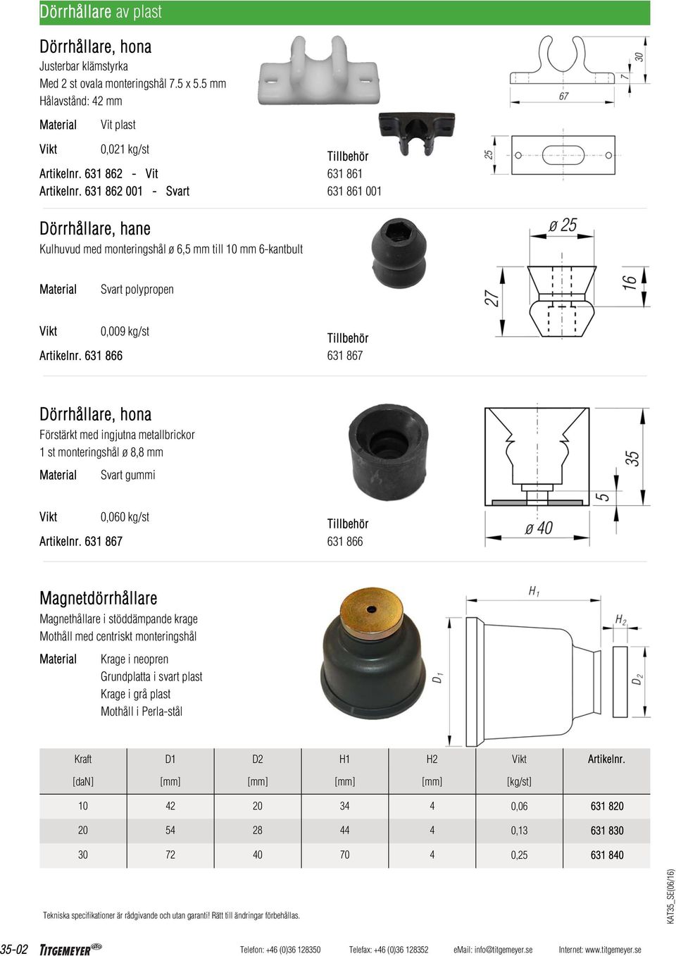 631 866 0,009 kg/st 631 867 Dörrhållare, hona Förstärkt med ingjutna metallbrickor 1 st monteringshål ø 8,8 mm Svart gummi Artikelnr.