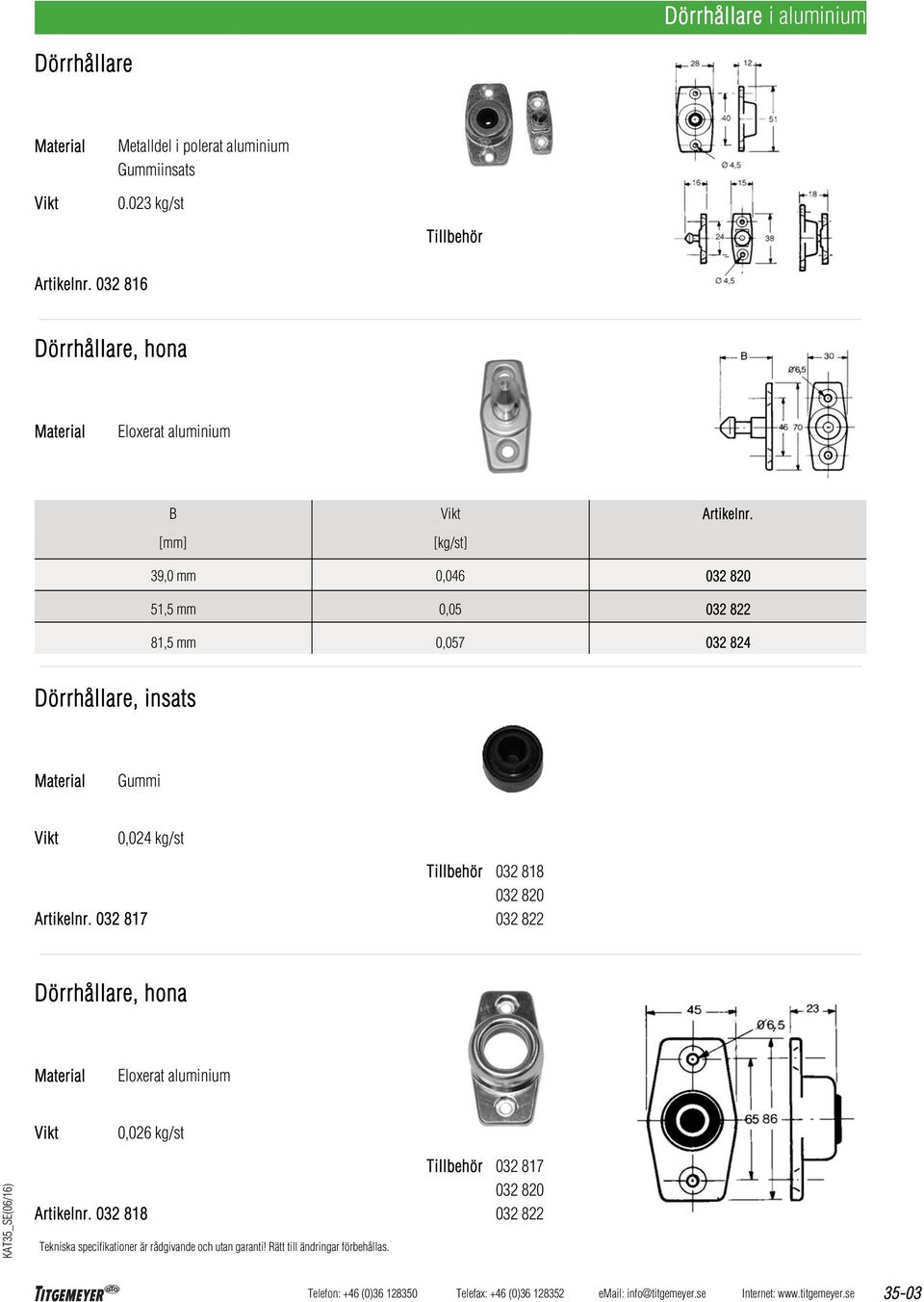 [mm] 39,0 mm 51,5 mm 81,5 mm [kg/st] 0,046 0,05 0,057 032 820 032 822 032 824 Dörrhållare, insats Gummi