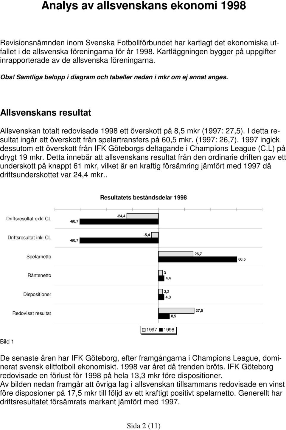 Allsvenskans resultat Allsvenskan totalt redovisade 1998 ett överskott på 8,5 mkr (1997: 27,5). I detta resultat ingår ett överskott från spelartransfers på 60,5 mkr. (1997: 26,7).