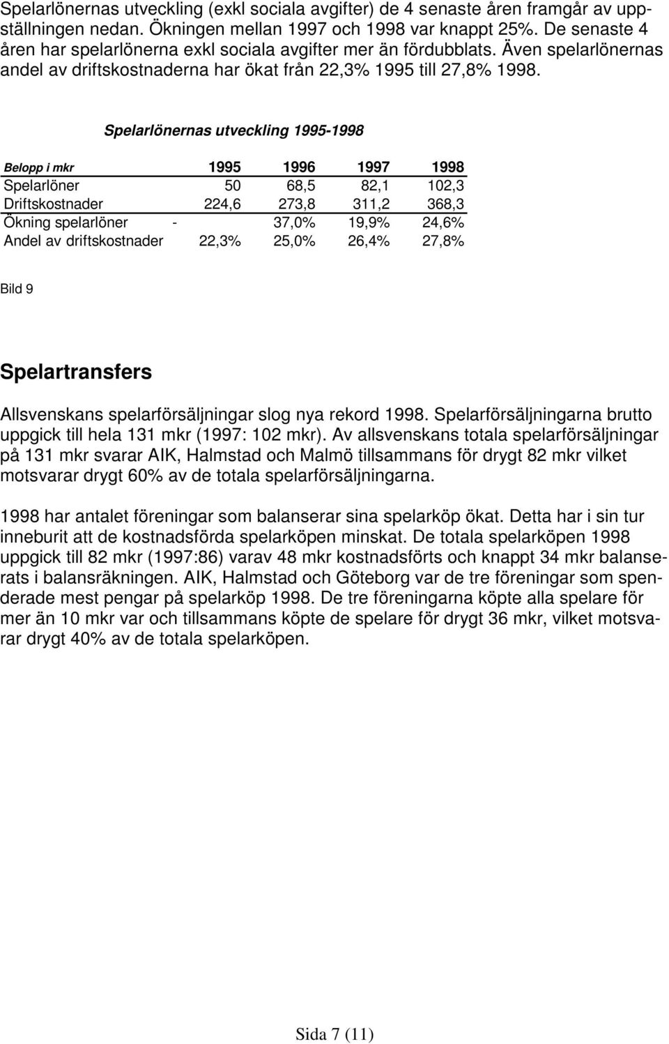 Spelarlönernas utveckling 1995-1998 Belopp i mkr 1995 1996 1997 1998 Spelarlöner 50 68,5 82,1 102,3 Driftskostnader 224,6 273,8 311,2 368,3 Ökning spelarlöner - 37,0% 19,9% 24,6% Andel av