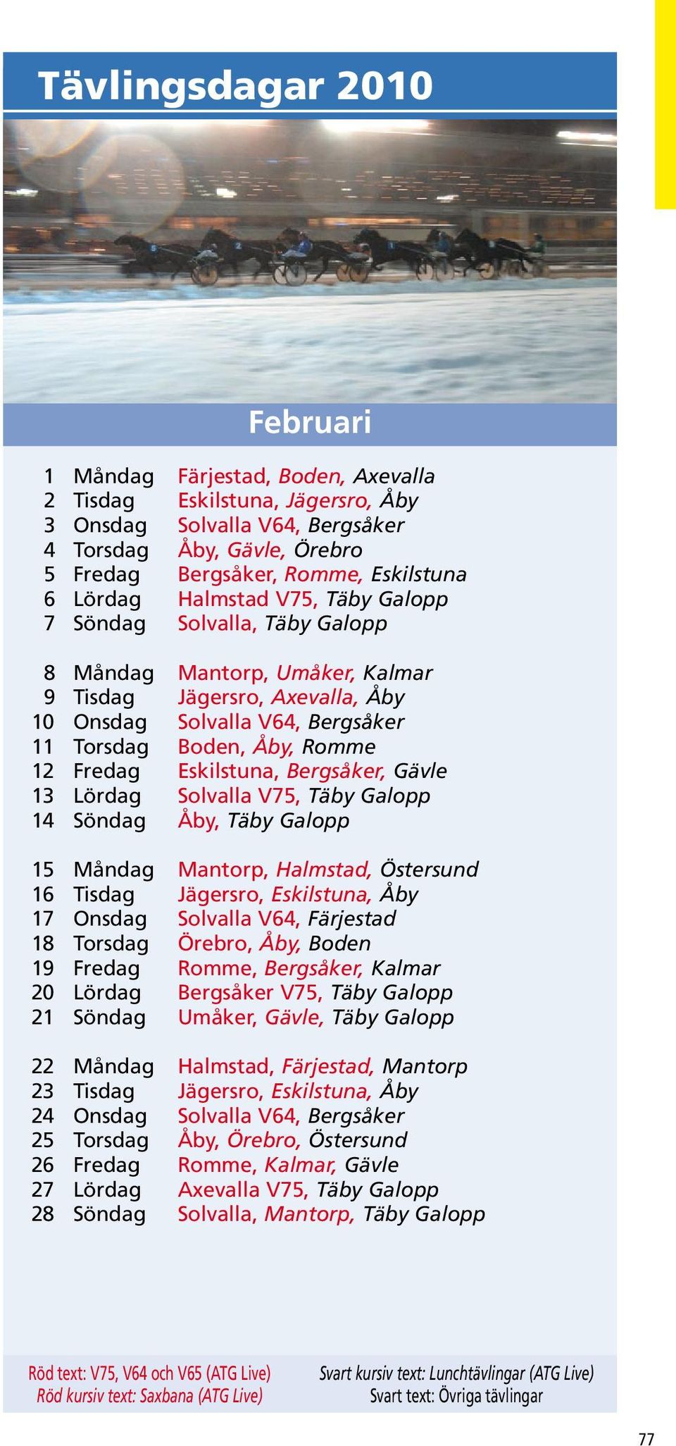 Bergsåker, Gävle 13 Lördag Solvalla V75, Täby Galopp 14 Söndag Åby, Täby Galopp 15 Måndag Mantorp, Halmstad, Östersund 16 Tisdag Jägersro, Eskilstuna, Åby 17 Onsdag Solvalla V64, Färjestad 18 Torsdag