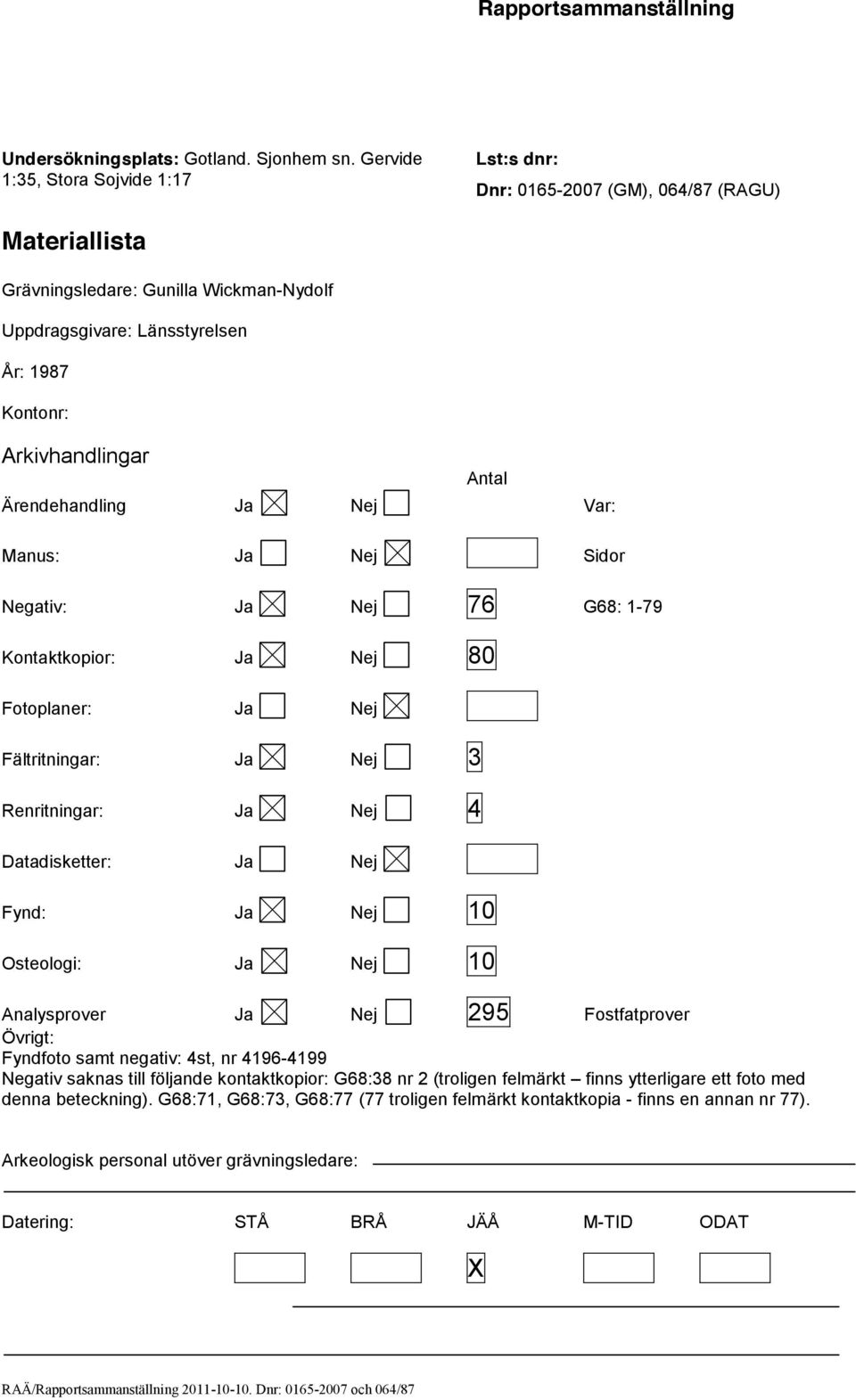 Antal Ärendehandling Ja Nej Var: Manus: Ja Nej Sidor Negativ: Ja Nej 76 G68: 1-79 Kontaktkopior: Ja Nej 80 Fotoplaner: Ja Nej Fältritningar: Ja Nej 3 Renritningar: Ja Nej 4 Datadisketter: Ja Nej