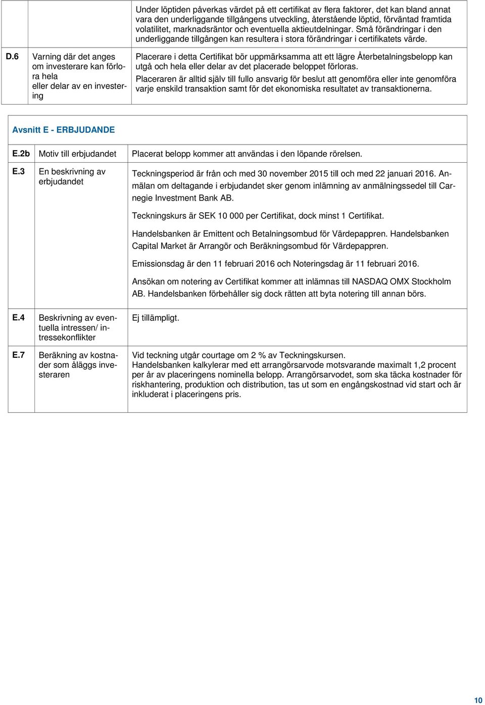 6 Varning där det anges om investerare kan förlora hela eller delar av en investering Placerare i detta Certifikat bör uppmärksamma att ett lägre Återbetalningsbelopp kan utgå och hela eller delar av