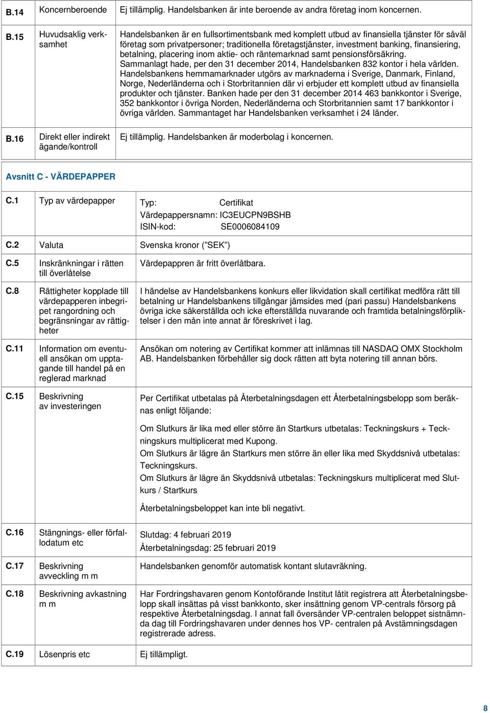 finansiering, betalning, placering inom aktie- och räntemarknad samt pensionsförsäkring. Sammanlagt hade, per den 31 december 2014, Handelsbanken 832 kontor i hela världen.