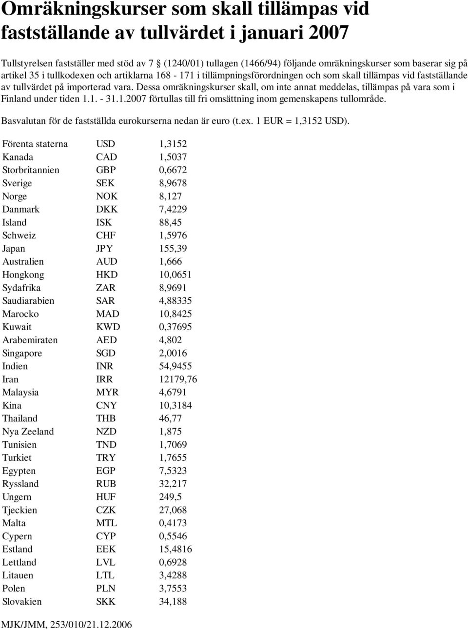 Dessa omräkningskurser skall, om inte annat meddelas, tillämpas på vara som i Finland under tiden 1.1. - 31.1.2007 förtullas till fri omsättning inom gemenskapens tullområde.