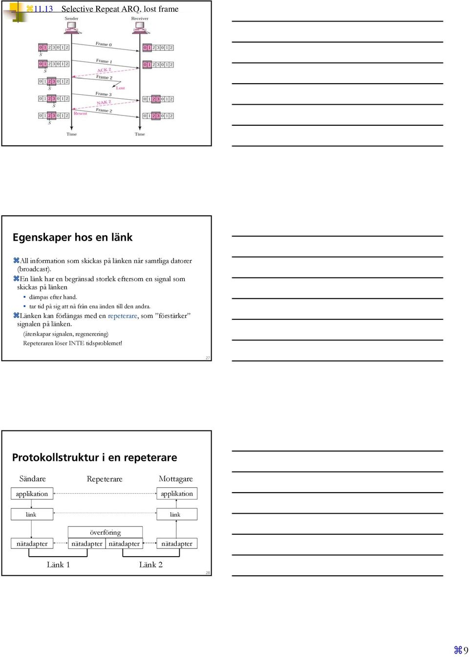 Länken kan förlängas med en repeterare, som förstärker signalen på länken. (återskapar signalen, regenerering) Repeteraren löser INTE tidsproblemet!