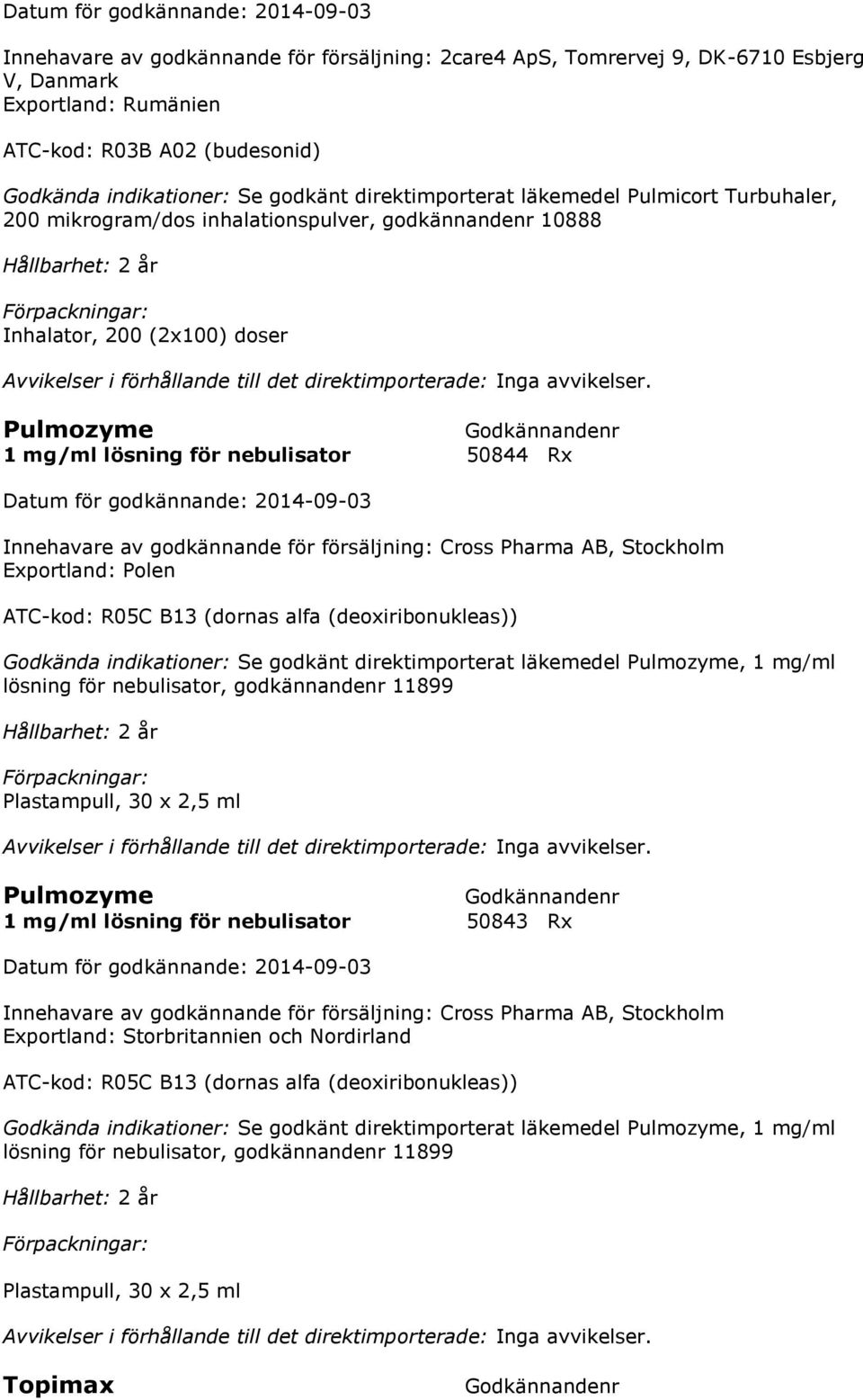 försäljning: Cross Pharma AB, Stockholm Exportland: Polen ATC-kod: R05C B13 (dornas alfa (deoxiribonukleas)) Godkända indikationer: Se godkänt direktimporterat läkemedel Pulmozyme, 1 mg/ml lösning