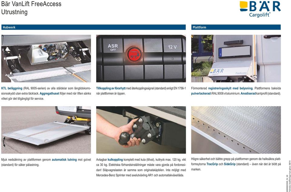 Plattformens baksida pulverlackerad i RAL 9006 vit aluminium. Anodiserad Mjuk nedsäkning av plattformen genom automatisk lutning mot golvet (standard) för säker pålastning.