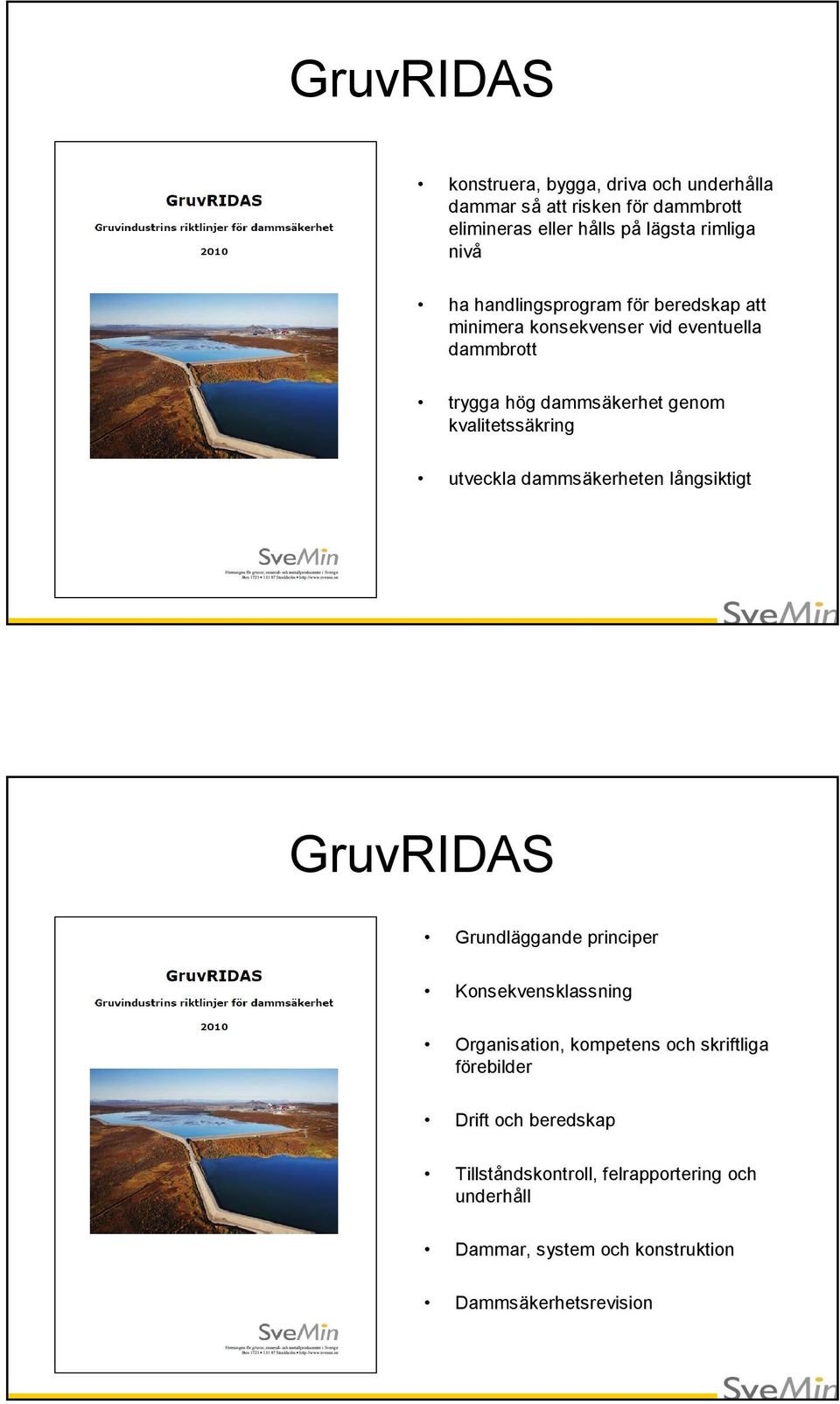 utveckla dammsäkerheten långsiktigt GruvRIDAS Grundläggande principer Konsekvensklassning Organisation, kompetens och skriftliga