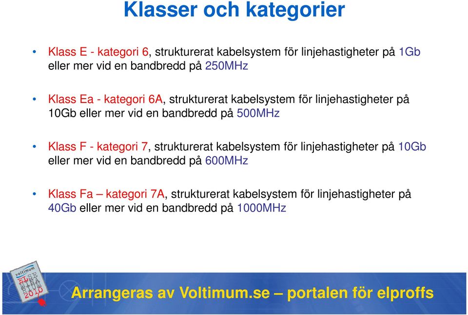 bandbredd på 500MHz Klass F - kategori 7, strukturerat kabelsystem för linjehastigheter på 10Gb eller mer vid en