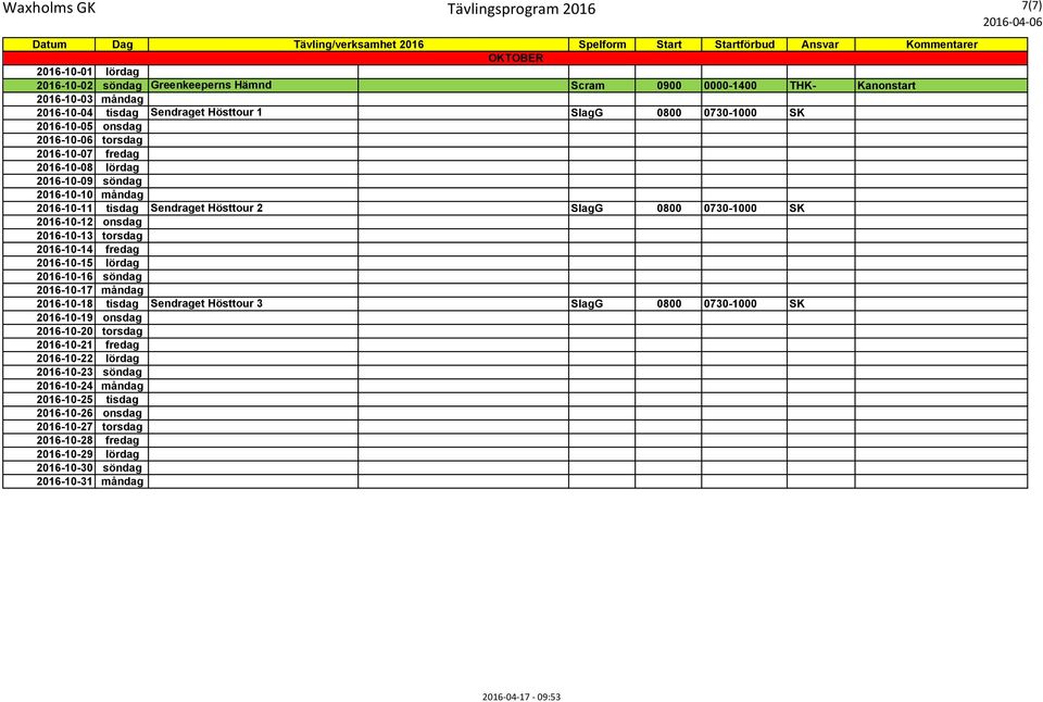 2016-10-12 onsdag 2016-10-13 torsdag 2016-10-14 fredag 2016-10-15 lördag 2016-10-16 söndag 2016-10-17 måndag 2016-10-18 tisdag Sendraget Hösttour 3 SlagG 0800 0730-1000 SK 2016-10-19 onsdag