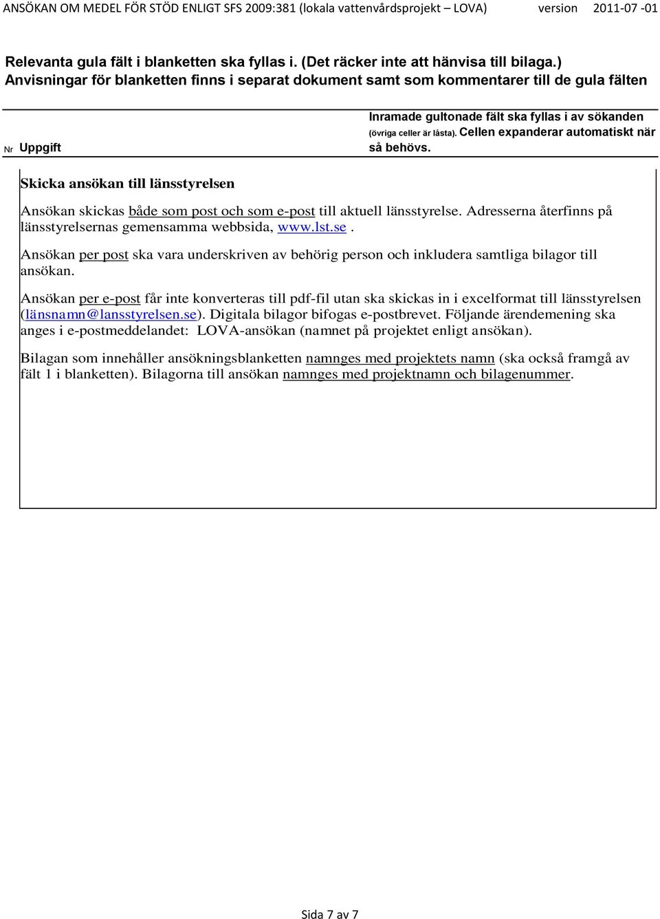 Följande ärendemening ska anges i e-postmeddelandet: LOVA-ansökan (namnet på projektet enligt ansökan).