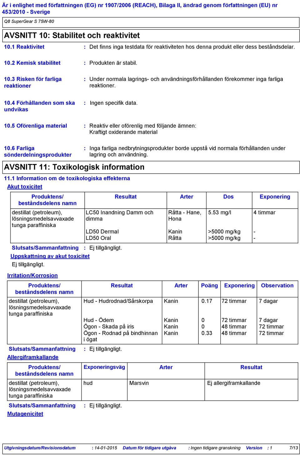 4 Förhållanden som ska undvikas Ingen specifik data. 10.5 Oförenliga material Reaktiv eller oförenlig med följande ämnen Kraftigt oxiderande material 10.