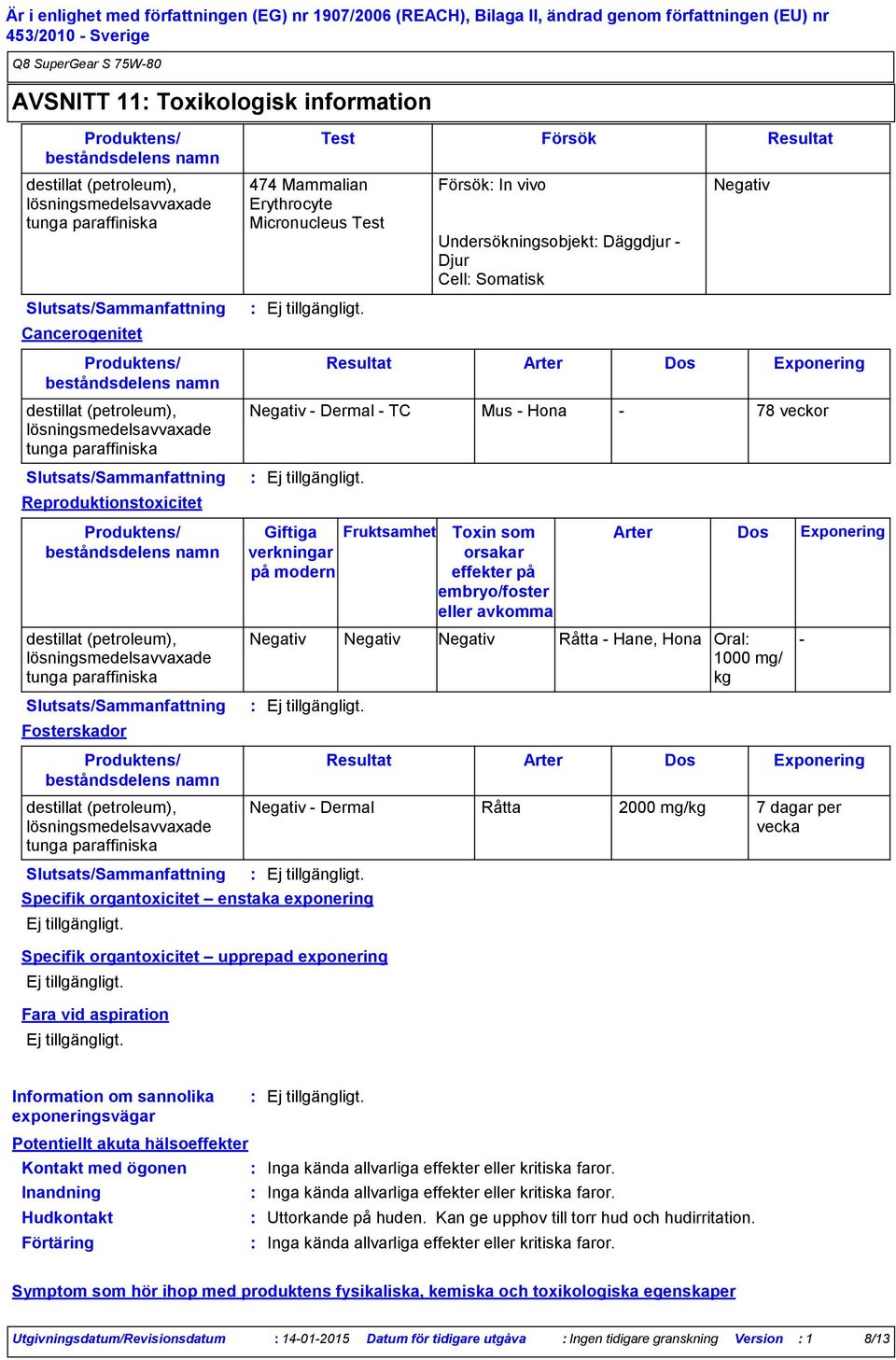 effekter på embryo/foster eller avkomma Arter Dos Negativ Negativ Negativ Råtta Hane, Hona Oral 1000 mg/ kg Exponering Resultat Arter Dos Exponering Negativ Dermal Råtta 2000 mg/kg 7 dagar per vecka
