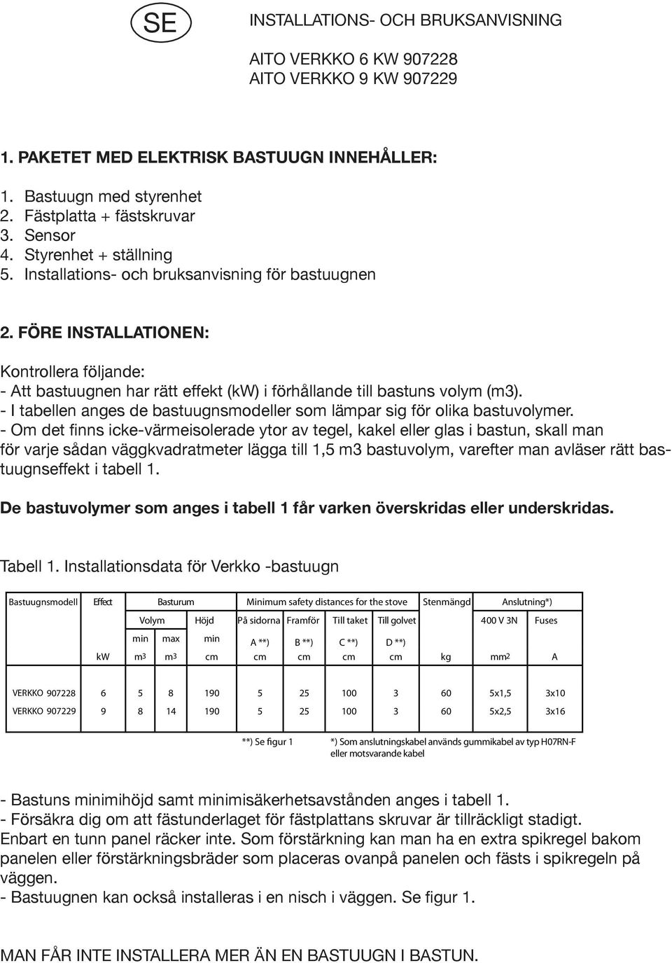 - I tabellen anges de bastuugnsmodeller som lämpar sig för olika bastuvolymer.