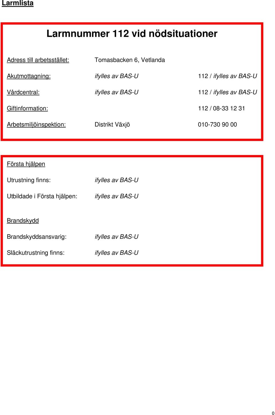 31 Arbetsmiljöinspektion: Distrikt Växjö 010-730 90 00 Första hjälpen Utrustning finns: Utbildade i Första hjälpen: