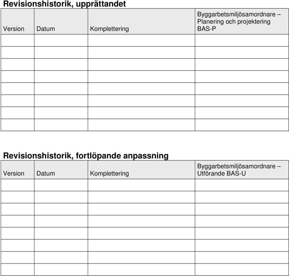 projektering BAS-P Revisionshistorik, fortlöpande