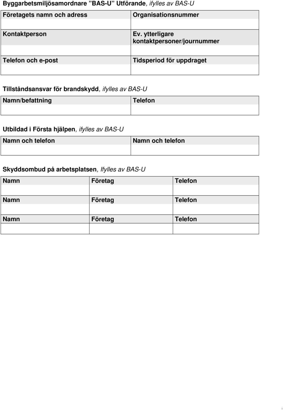 ytterligare kontaktpersoner/journummer Telefon och e-post Tidsperiod för uppdraget Tillståndsansvar för brandskydd,