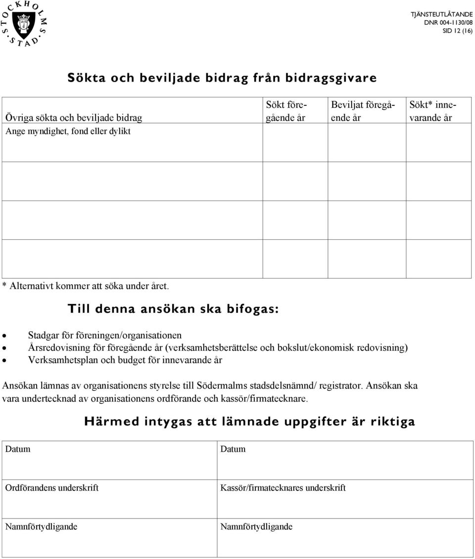 Till denna ansökan ska bifogas: Stadgar för föreningen/organisationen Årsredovisning för föregående år (verksamhetsberättelse och bokslut/ekonomisk redovisning) Verksamhetsplan och budget för