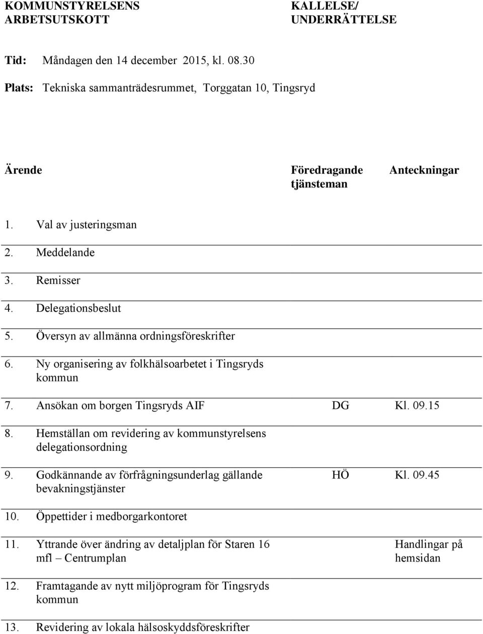 Översyn av allmänna ordningsföreskrifter 6. Ny organisering av folkhälsoarbetet i Tingsryds kommun 7. Ansökan om borgen Tingsryds AIF DG Kl. 09.15 8.