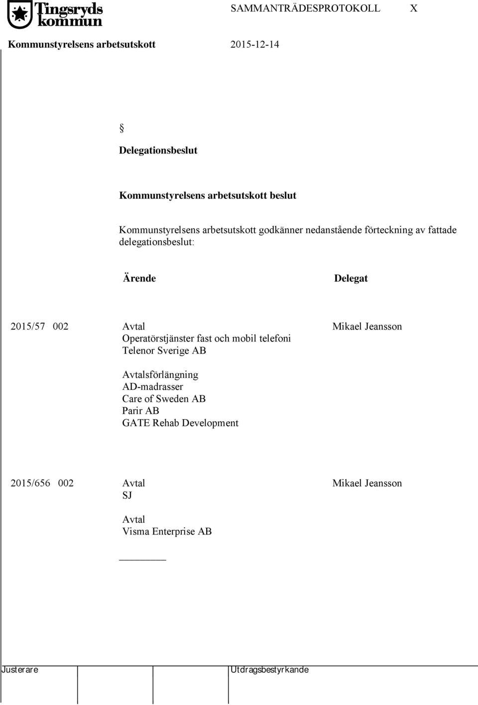 Avtal Operatörstjänster fast och mobil telefoni Telenor Sverige AB Mikael Jeansson Avtalsförlängning AD-madrasser Care of