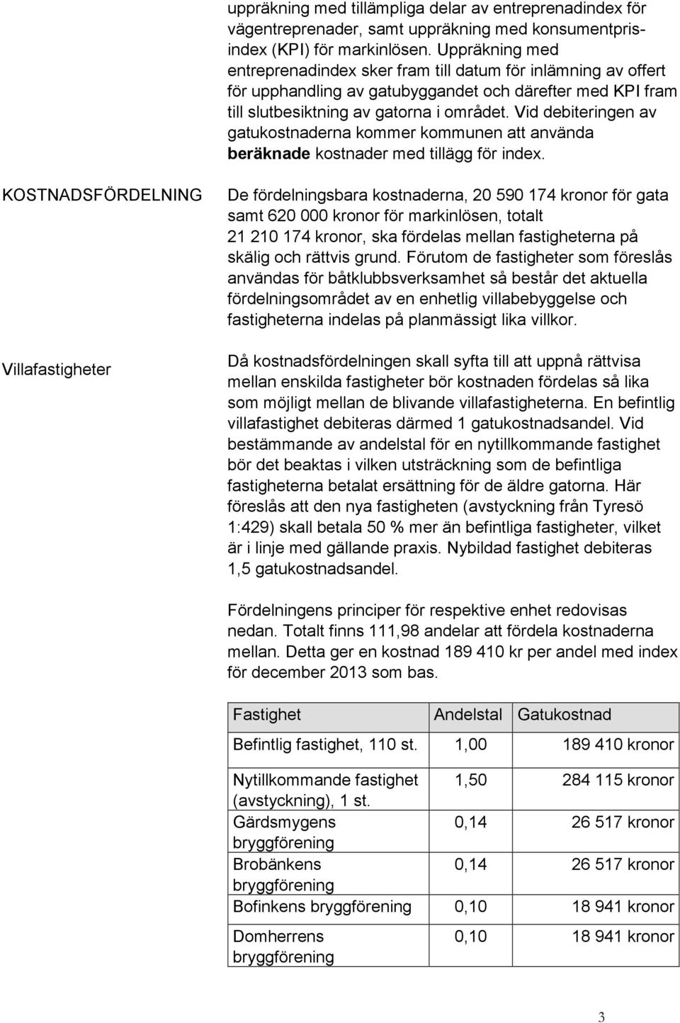 Vid debiteringen av gatukostnaderna kommer kommunen att använda beräknade kostnader med tillägg för index.