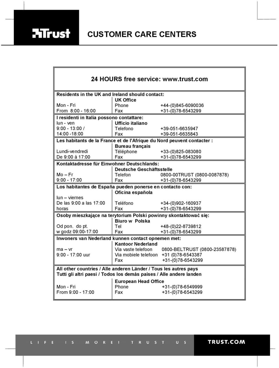 Telefono +39-051-6635947 14:00-18:00 Fax +39-051-6635843 Les habitants de la France et de l Afrique du Nord peuvent contacter : Lundi-vendredi De 9:00 à 17:00 Bureau français Téléphone