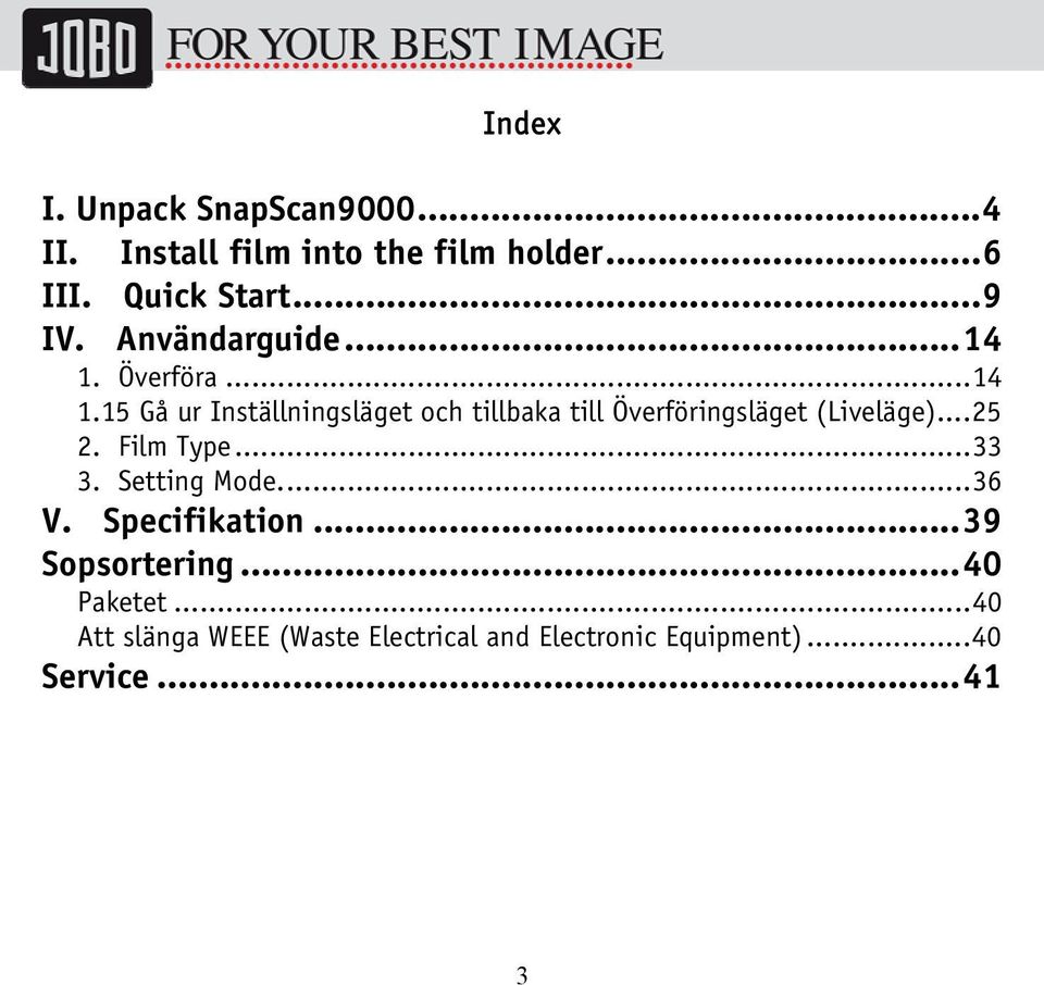 ..25 2. Film Type...33 3. Setting Mode...36 V. Specifikation...39 Sopsortering...40 Paketet.