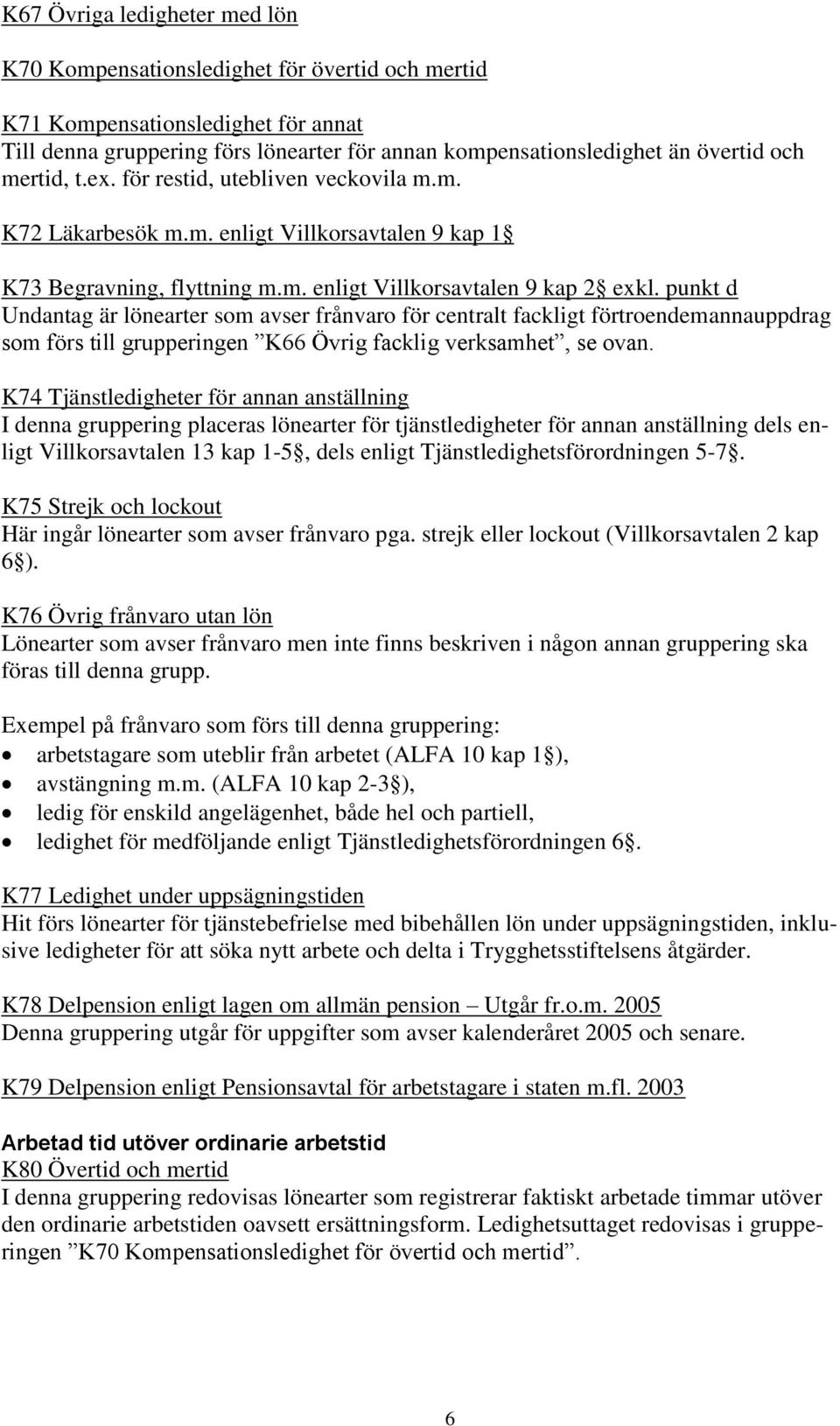 punkt d Undantag är lönearter som avser frånvaro för centralt fackligt förtroendemannauppdrag som förs till grupperingen K66 Övrig facklig verksamhet, se ovan.