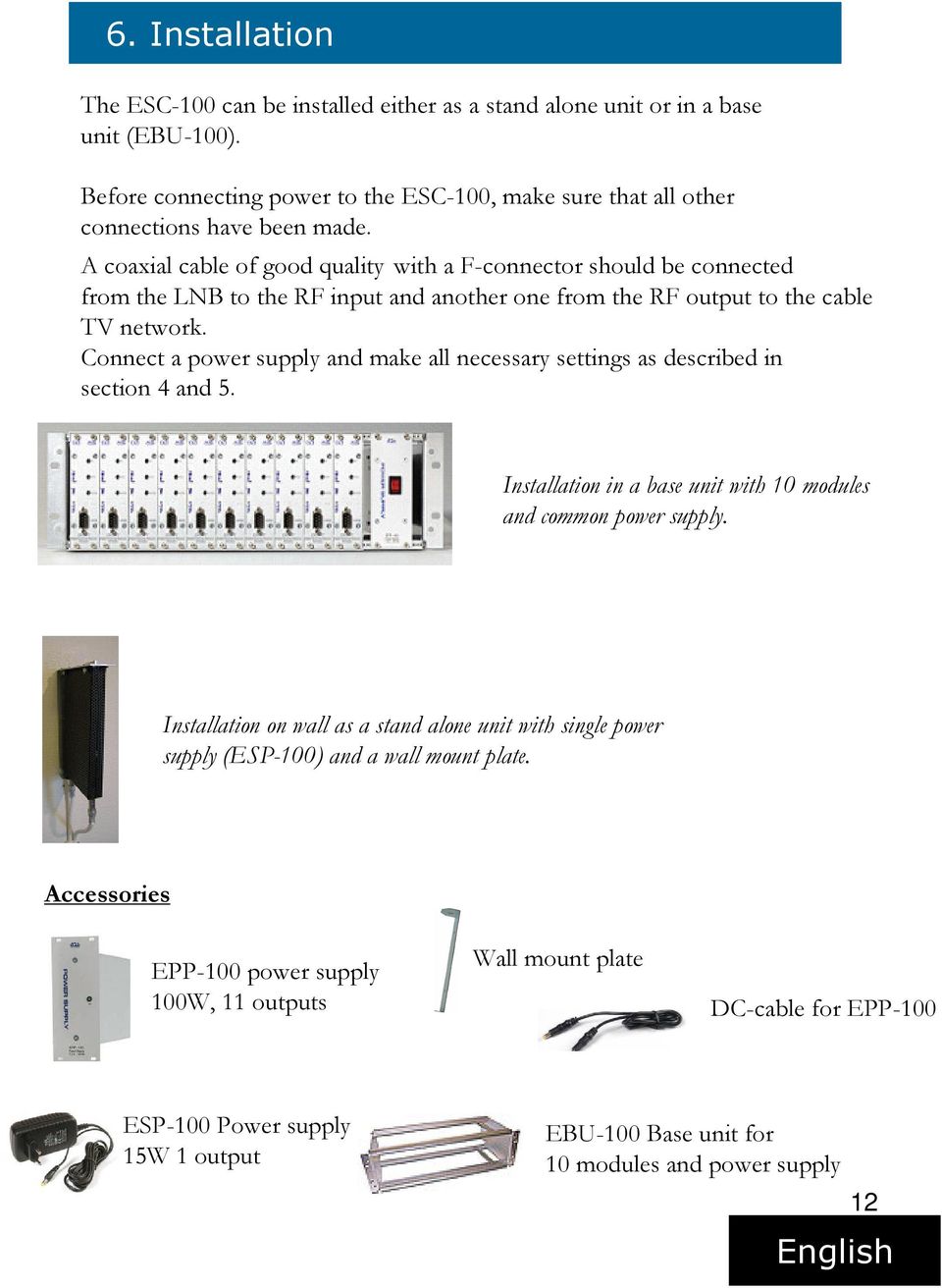 Connect a power supply and make all necessary settings as described in section 4 and 5. Installation in a base unit with 10 modules and common power supply.