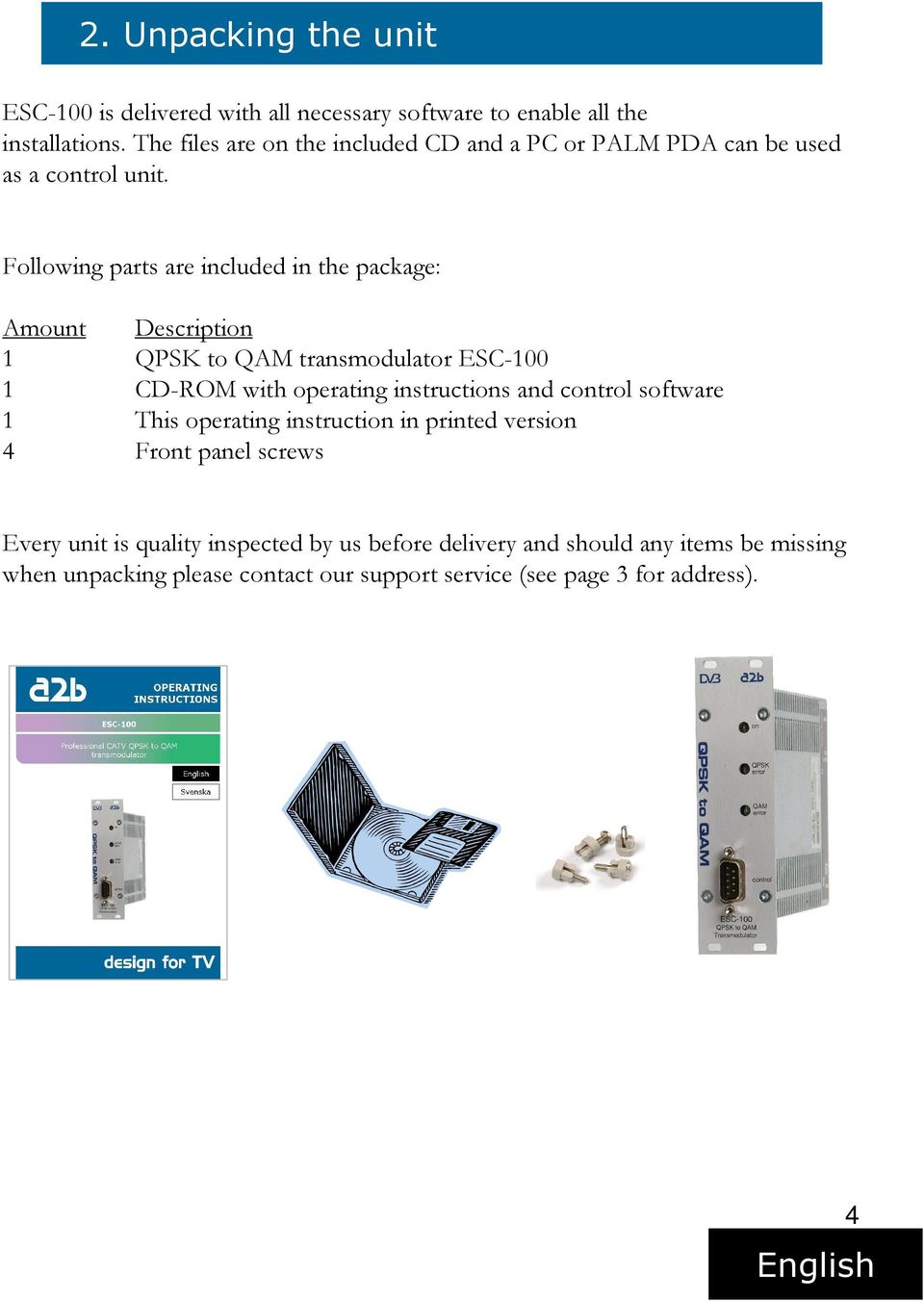 Following parts are included in the package: Amount Description 1 QPSK to QAM transmodulator ESC-100 1 CD-ROM with operating instructions and