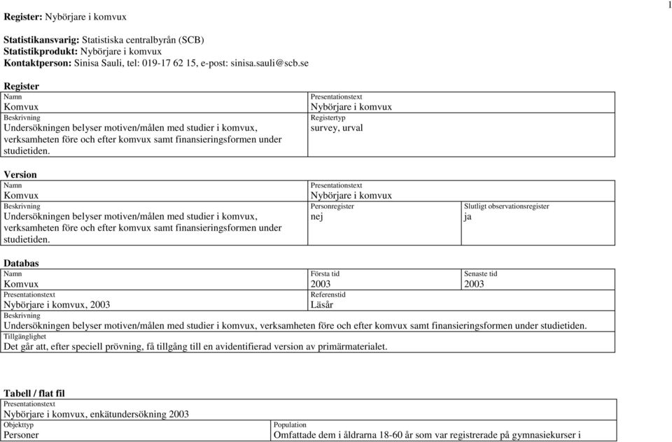 Version Komvux Undersökningen belyser motiven/målen med studier i komvux, verksamheten före och efter komvux samt finansieringsformen under studietiden.