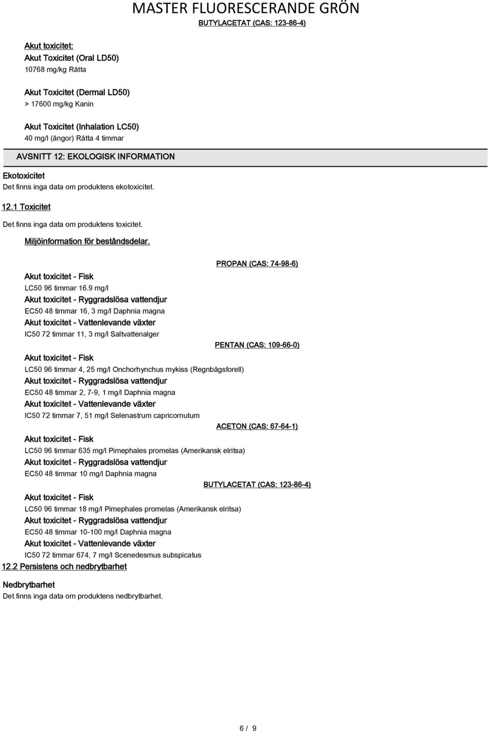 Akut toxicitet - Fisk LC50 96 timmar 16.