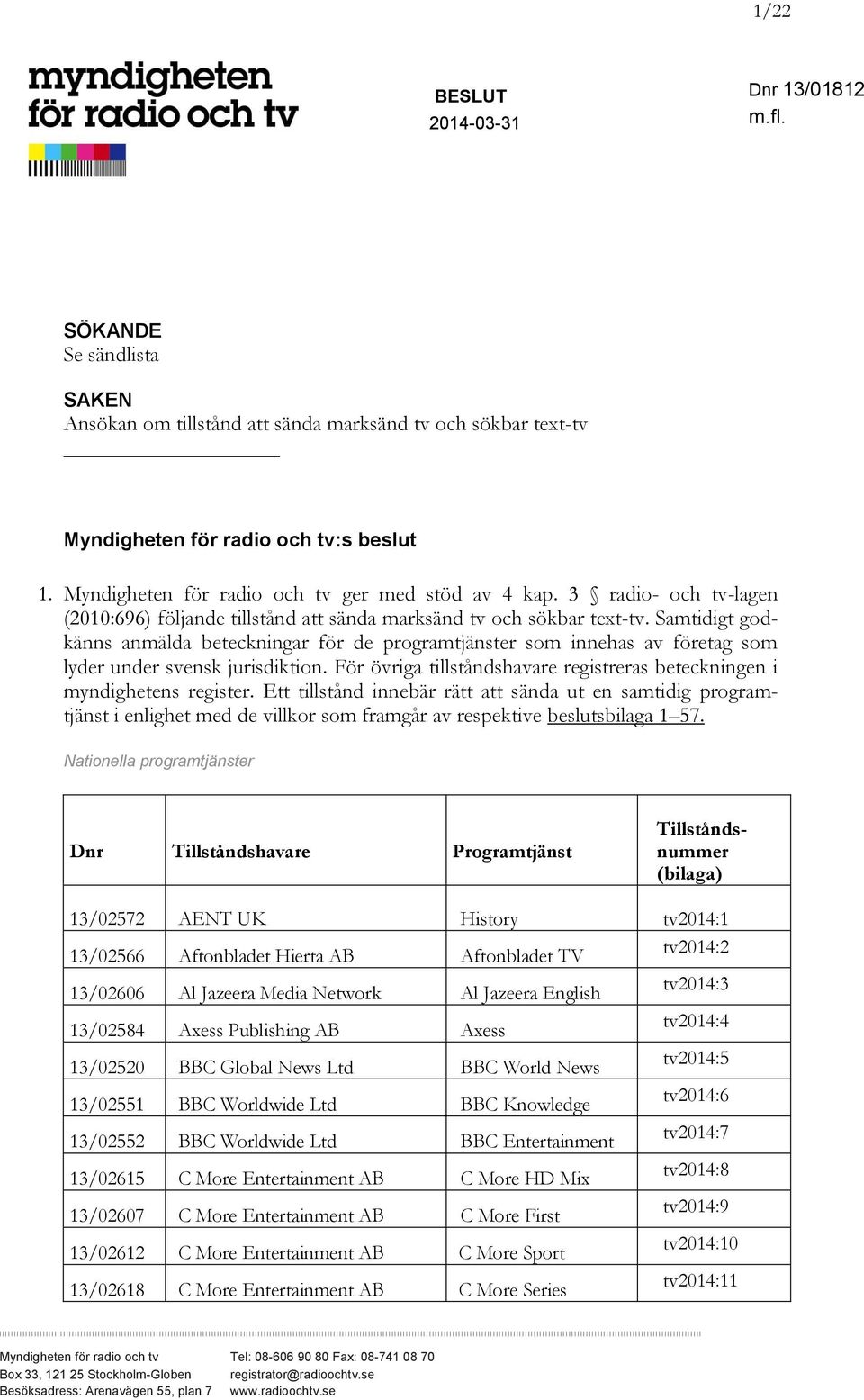 Samtidigt godkänns anmälda beteckningar för de programtjänster som innehas av företag som lyder under svensk jurisdiktion. För övriga tillståndshavare registreras beteckningen i myndighetens register.